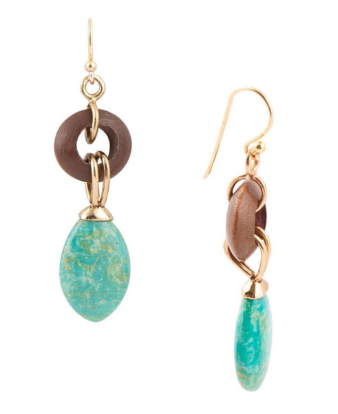 Precious Genuine Green Turquoise and Wood Golden Bronze Oval Earrings