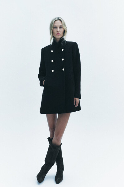 Double-breasted high neck wool blend coat