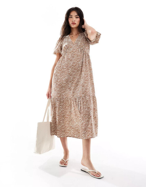 Wednesday's Girl zebra print midaxi smock dress in tan