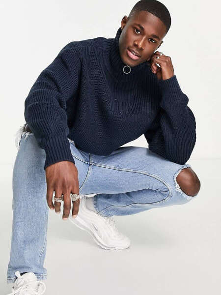 River Island knitted funnel neck jumper in navy