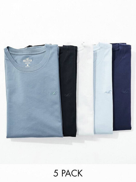 Hollister 5-pack crew neck t-shirt in tonal blues