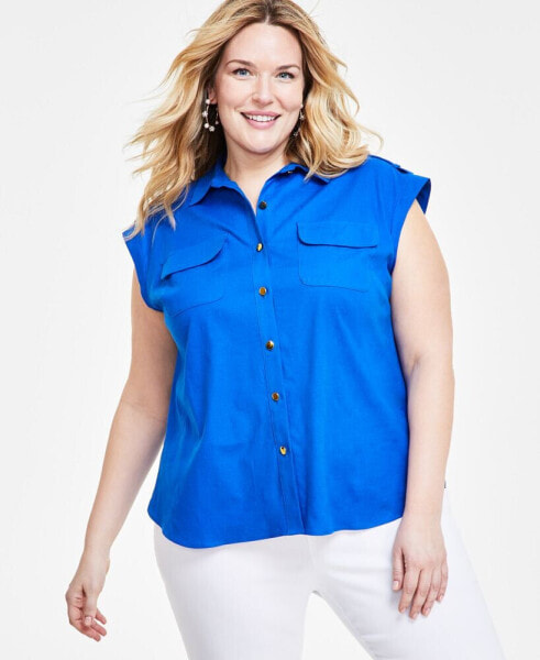 Plus Size Linen-Blend Sleeveless Utility Shirt, Created for Macy's