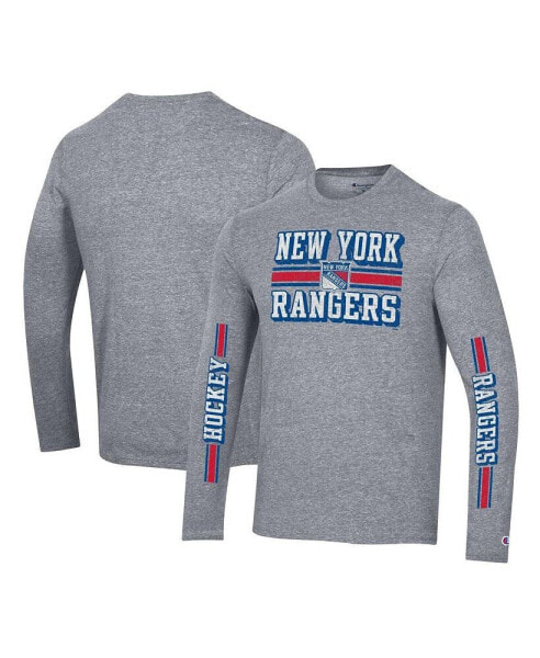 Men's Heather Gray Distressed New York Rangers Tri-Blend Dual-Stripe Long Sleeve T-shirt