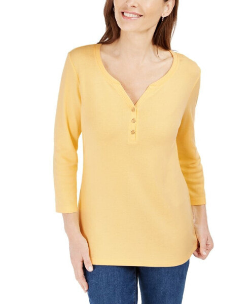 Petite 3/4-Sleeve Henley Shirt, Created for Macy's