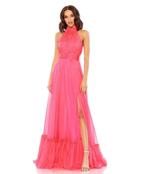 Women's High Neck Tiered Chiffon Halter Gown