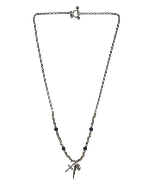 Mixed Metal Faceted Bead Necklace with Spike, Cross and Skull Charms