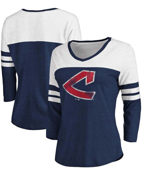 Women's Heathered Navy, White Cleveland Indians Two-Toned Distressed Cooperstown Collection Tri-Blend 3/4 Sleeve V-Neck T-shirt