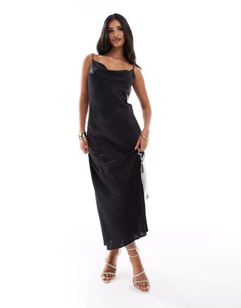 New Look cowl neck satin midi dress in black