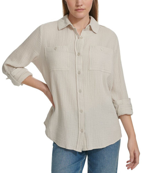 Women's Double-Crepe Button-Down Roll-Tab-Sleeve Shirt