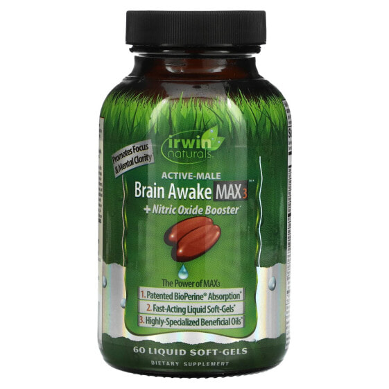 Irwin Naturals, Brain Awake Max 3 + бустер с оксидом азота, 60 желатиновых капсул