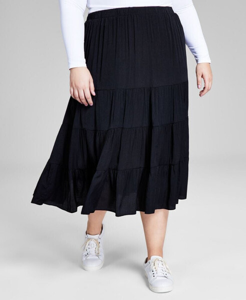 Plus Size Pull-On Tiered Midi Skirt