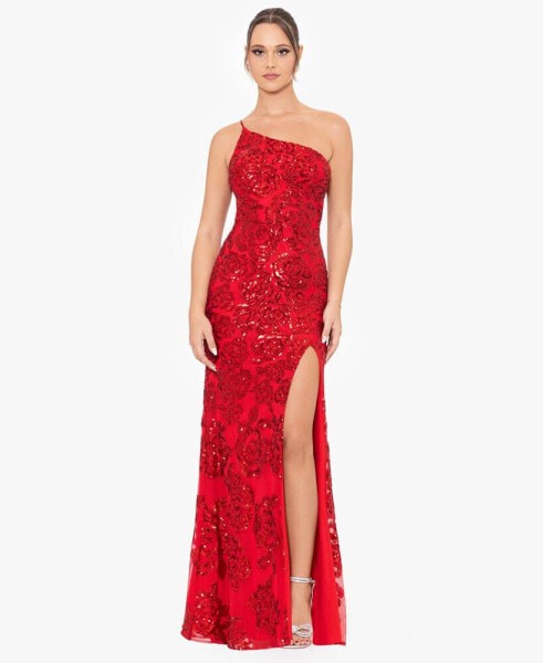 Juniors' Floral-Sequined One-Shoulder Gown