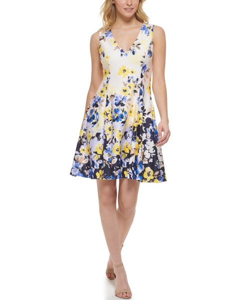 Petite Printed V-Neck Scuba Crepe Dress