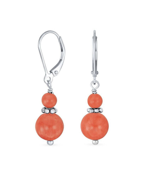 Gemstone Natural Orange Peach Coral Boho Bali Milgrain Edged Beaded Rondel Separator Double Ball Round Drop Dangle Earrings Sterling Silver Lever back