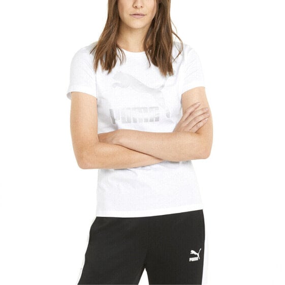 Puma Classics Metallic Logo Crew Neck Short Sleeve T-Shirt Womens White Athletic