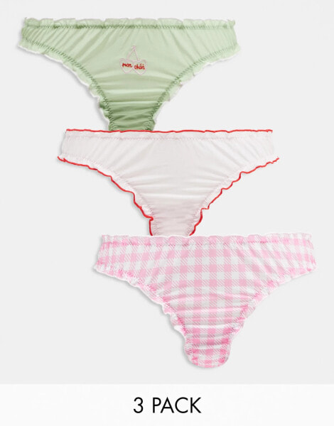 ASOS DESIGN 3 pack mesh scrunch thong in pink, gingham & mint