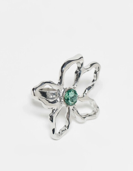 Reclaimed Vintage unisex oversized flower ring with green stone