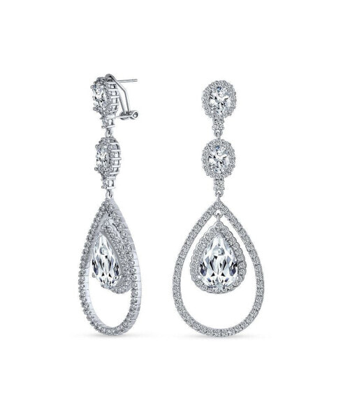 Art Deco Style Wedding Clear AAA Cubic Zirconia Double Halo Large Teardrop CZ Statement Dangle Chandelier Earrings For Women Bridal Party Silver Plated