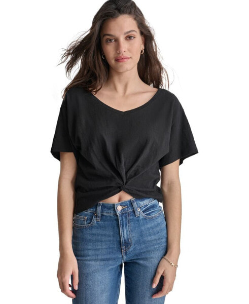 DKNY Women's Cotton Twist-Front V-Neck Short-Sleeve Top