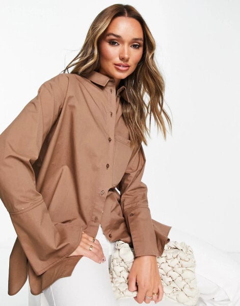 Topshop cuffed poplin shirt in chocolate