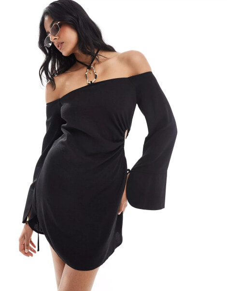 ASOS DESIGN off the shoulder halter neck mini dress with curved hem and hardware detail in black