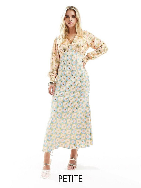 Never Fully Dressed Petite balloon sleeve metallic maxi dress in contrast print 