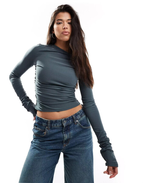 Fashionkilla super-soft off shoulder ruched long sleeve top in charcoal