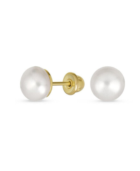 Tiny Minimalist CZ Accent Real 10K Gold 5MM White Freshwater Cultured Button Pearl Stud Earrings For Women Teen Secure Screw Back June Birthstone