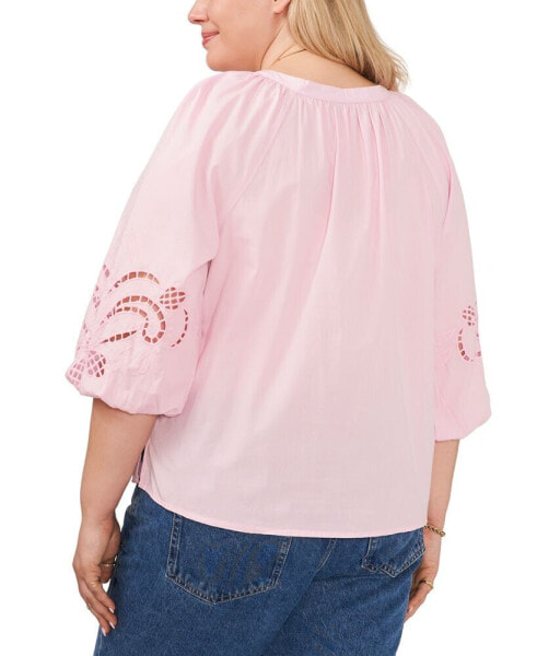 Plus Size Cotton Embroidered-Puff-Sleeve Top