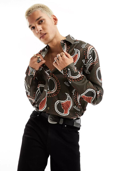 ASOS DESIGN relaxed satin shirt in brown paisley print