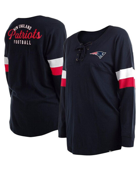 Women's Navy New England Patriots Plus Size Athletic Varsity Lace-Up V-Neck Long Sleeve T-shirt