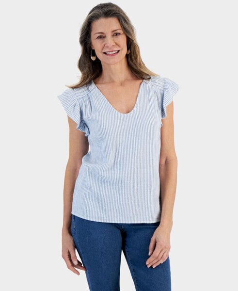Petite Striped Gauze Flutter Sleeve Top, Created for Macy's