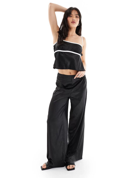 SNDYS satin wide leg trouser co-ord in black