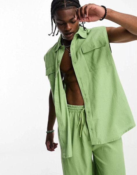 COLLUSION linen beach sleeveless shirt in light green