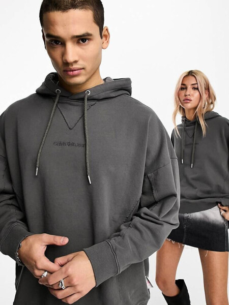 Calvin Klein Jeans Unisex seaming oversized hoodie in grey - exclusive to ASOS