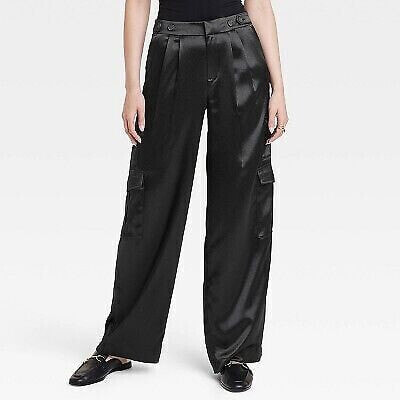 Women's High-Rise Satin Cargo Pants - A New Day Black 12