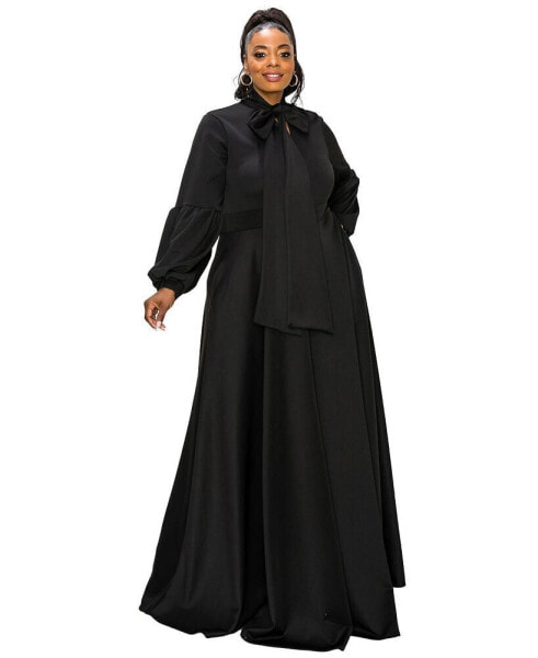 Plus Size Bella Donna Dress with Ribbon and Bishop Sleeves