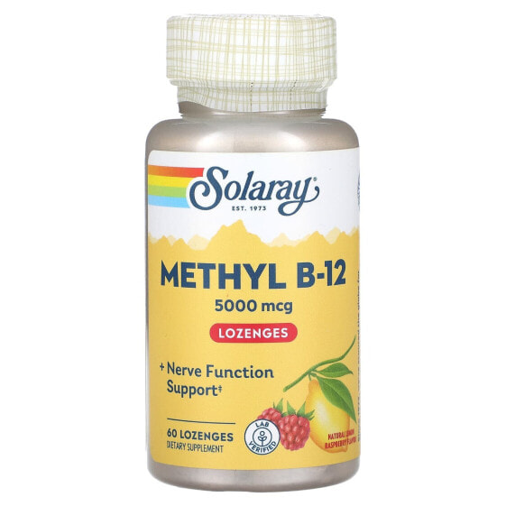 Solaray, Метил B-12, малина-лимон, 5000 мкг, 60 леденцов
