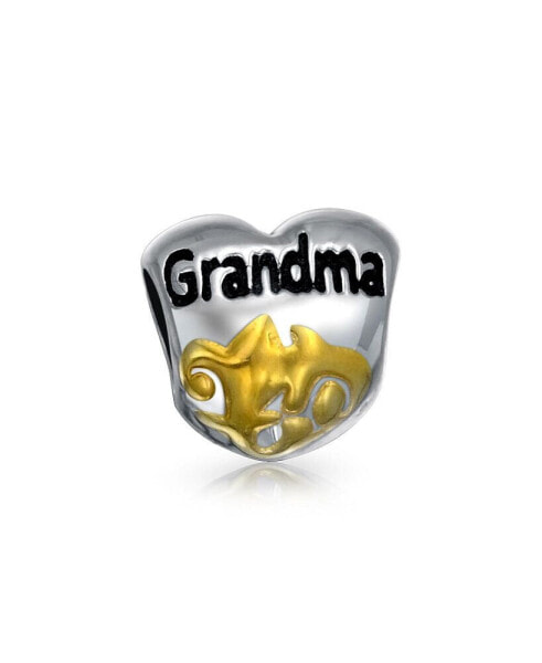 Nana Heart Shape Floral Scroll Word Grandma Charm Bead For Grandmother Two Tone Gold Plated Sterling Silver Fits European Bracelet