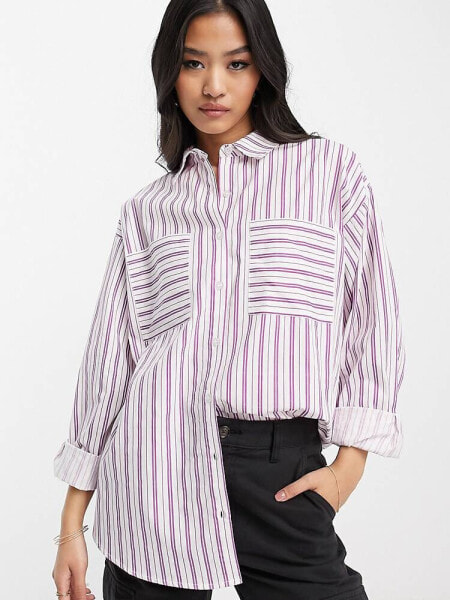 Wednesday's Girl oversized boyfriend poplin shirt in purple stripe