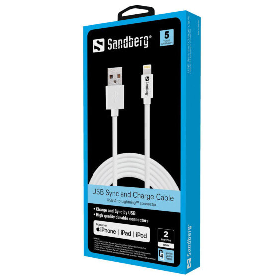 SANDBERG USB>Lightning 2m AppleApproved - 2 m - Lightning - USB A - White - Straight - Straight