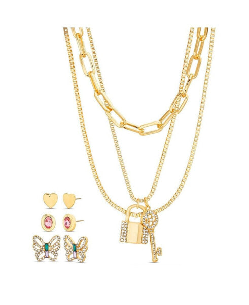 Gold-Tone 3-Row Necklace with Key and Lock Pendants and 3 Pair of Earrings Set