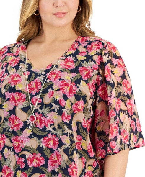 Plus Size Oaklyn Floral-Print Flutter-Sleeve Necklace Top, Created for Macy's