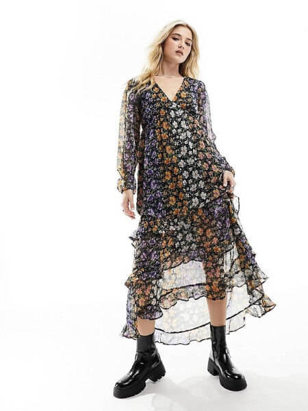 Wednesday's Girl ditsy floral tiered midi smock dress in multi