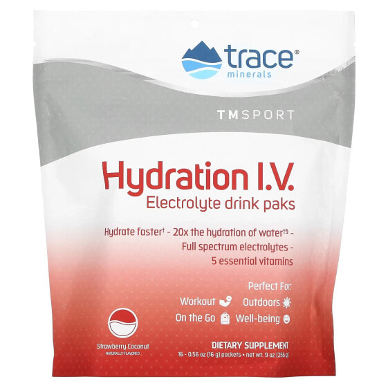 Trace Minerals ®, TM Sport, Hydration IV, электролитные напитки в пакетиках, клубника и кокос, 16 пакетиков по 16 г (0,56 унции)