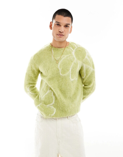 ASOS DESIGN fluffy knitted jumper in green floral pattern