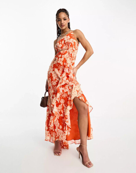 Forever New – Maxikleid in Rot mit One-Shoulder-Träger, Zierausschnitt und Blumenmuster