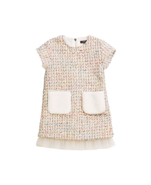 Платье для малышей IMOGA Collection TANNER FW23 с узором конфетти и искусственным меховым карманом