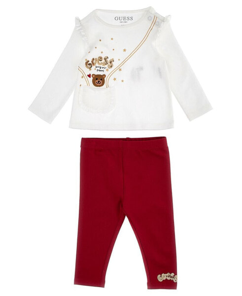 Baby Girls Interlock Embroidered Pocket Bear and Sequin Artwork Top and Leggings, 2 Piece Set