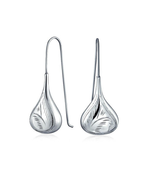 Carved Etched Puffed Pear Shaped Rain Drop Teardrop Earrings For Women Fishhook Sterling Silver 2Inch